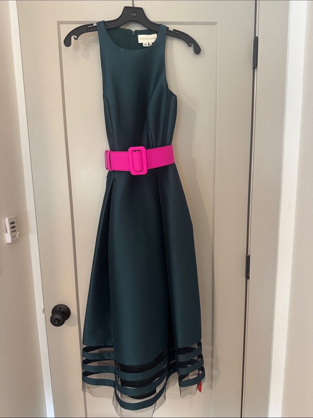 Sachin + Babi Dark Teal Dress with Hot Pink Belt